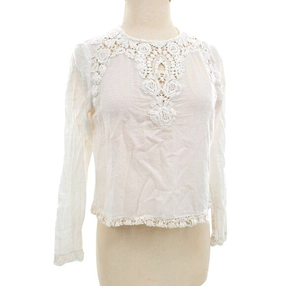 Zara Trafaluc Med Blouse Swiss Dot Boho Lace Button Light Shirt Long Sleeve Top - Picture 2 of 12